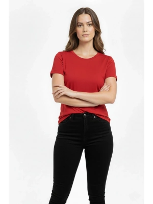 Kadın T-Shirt Bisiklet Yaka Slim Fit Likralı Tişört Günlük Basic Body - Kırmızı