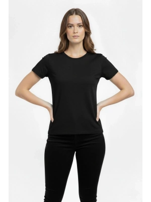 Kadın T-Shirt Bisiklet Yaka Slim Fit Likralı Tişört Günlük Basic Body - Siyah