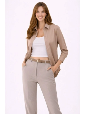 Kadın Uzun Kollu Gömlek Düğmeli Klasik Yaka Günlük ve Ofis Şıklığına uygun - Bej