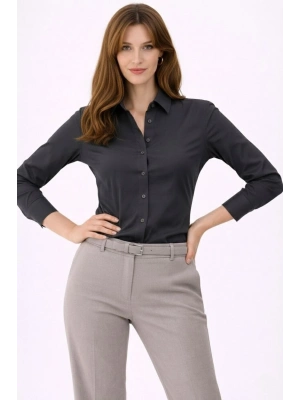 Kadın Uzun Kollu Gömlek Düğmeli Klasik Yaka Günlük ve Ofis Şıklığına uygun - Füme