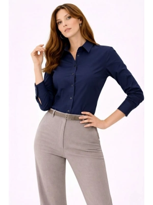 Kadın Uzun Kollu Gömlek Düğmeli Klasik Yaka Günlük ve Ofis Şıklığına uygun - Lacivert