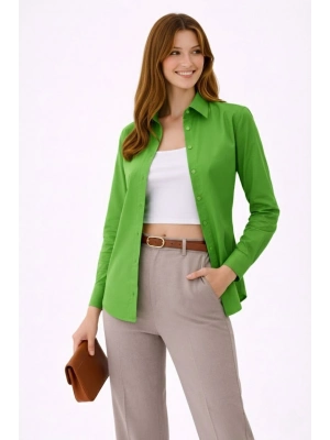 Kadın Uzun Kollu Gömlek Düğmeli Klasik Yaka Günlük ve Ofis Şıklığına uygun - Yeşil