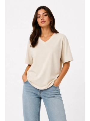 Kadın V Yaka Basic Tişört Kısa Kol Yazlık Regular Fit T-Shirt - Bej