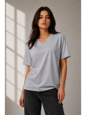 Kadın V Yaka Basic Tişört Kısa Kol Yazlık Regular Fit T-Shirt - Gri