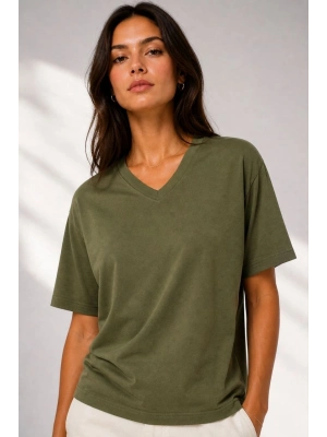 Kadın V Yaka Basic Tişört Kısa Kol Yazlık Regular Fit T-Shirt - Haki