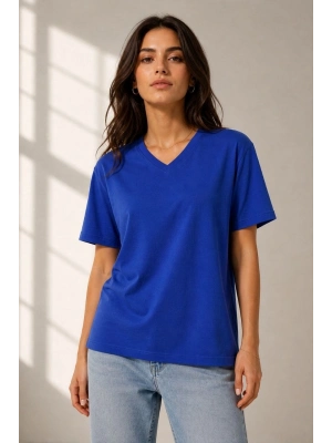Kadın V Yaka Basic Tişört Kısa Kol Yazlık Regular Fit T-Shirt - Saks Mavisi