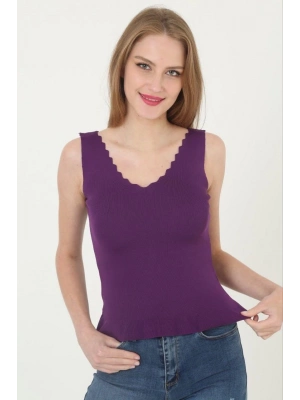 Kadın V Yaka Fırfır Detay Crop - Mor