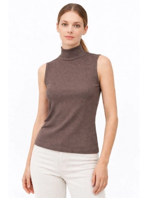 Kadın Yarım Balıkçı Yaka Fitilli Kaşkorse Atlet Basic Şık Bluz Badi - Kahverengi