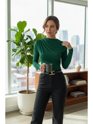 Kadın Yeşil Belden ve Boyundan Büzgü Detaylı Uzun Kollu Bluz