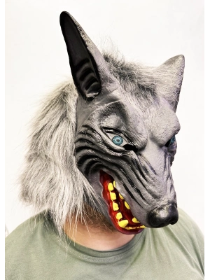 Kafaya Tam Geçmeli Lateks Mavi Gözlü Dişli Ağzı Açık Kurt Maskesi