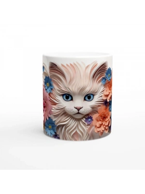 Kağıt Çiçeklerle Süslenmiş Mavi Gözlü Kedi Baskılı Kupa Bardak