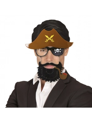 Kahve Renk Şapkalı Siyah Sakallı Pipolu Jack Sparrow Denizci Korsan Gözlüğü 24x25 Cm