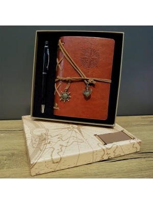 Kahverengi Pusula Tasarım Deri Defter Ve Siyah Kalem Seti