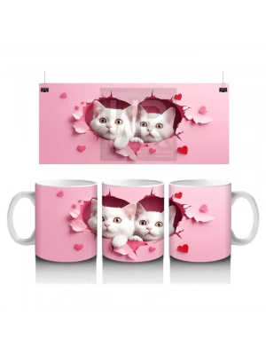 Kalp Çatlağından Bakan İkiz Sevimli Beyaz Kedi – Baskılı Kahve Kupası