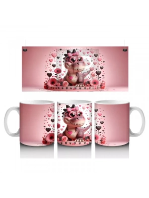 Kalp Desenli Arka Planda Pembe Dinozor Figürü - Baskılı kahve kupası