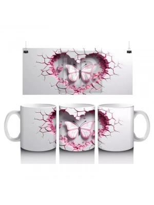 Kalp Desenli Duvarı Delen Pembe Kelebek – Baskılı Kahve Kupası