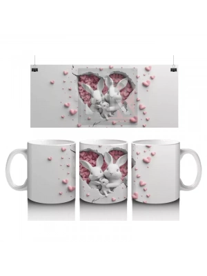 Kalp Desenli Fon Arasında Bakan İkiz Tavşan – Baskılı Kahve Kupası