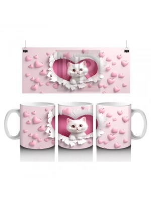 Kalp Desenli Fon Üzerinde Tatlı Beyaz Kedi – Baskılı Kahve Kupası