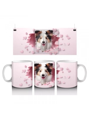 Kalp Desenli Pembe Fon Arasında Bakan Sevimli Köpek – Baskılı Kahve Kupası