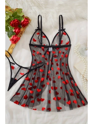 Kalp Desenli Siyah Transparan Gecelik TM1378