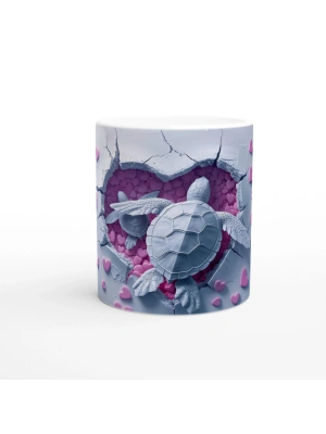 Kalp Dolu Zeminde Yüzen Aşık Kaplumbağalar Temalı Baskılı Kupa Bardak