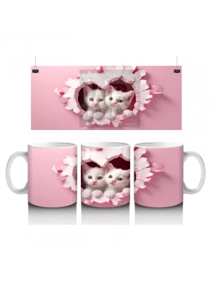 Kalp Duvarın Ardından Bakan İki Sevimli Kedi – Baskılı Kahve Kupası