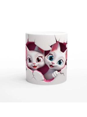 Kalp Figürlü Çatlak Duvardan Bakan Neşeli Kediler Temalı Baskılı Kupa Bardak