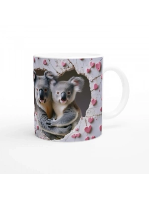 Kalp İçinden Bakan Sarılan Koalalar Temalı Baskılı Kupa Bardak