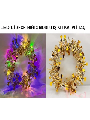 Kalp Püsküllü 3 Modlu LED Işıklı Taç Altın Renk