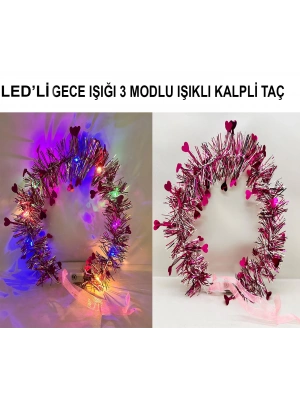 Kalp Püsküllü 3 Modlu LED Işıklı Taç Fuşya Renk