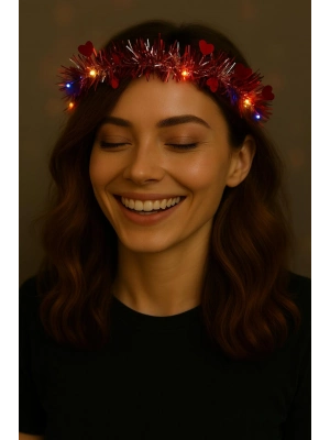 Kalp Püsküllü 3 Modlu LED Işıklı Taç Kırmızı Renk