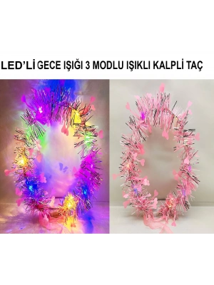 Kalp Püsküllü 3 Modlu LED Işıklı Taç Pembe Renk
