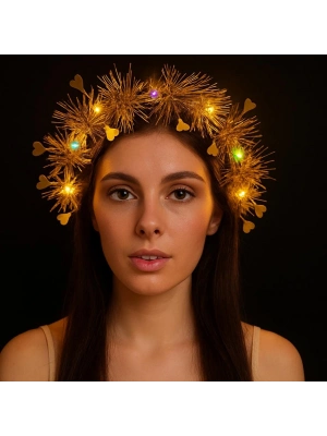 Kalp Püsküllü Gece Parıltısı 3 Modlu Led'li Işıklı Taç Altın Renk