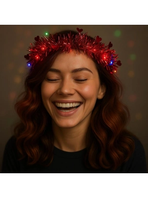 Kalp Püsküllü Gece Parıltısı 3 Modlu Led'li Işıklı Taç Kırmızı Renk