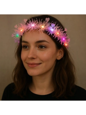 Kalp Püsküllü Gece Parıltısı 3 Modlu Led'li Işıklı Taç Pembe Renk