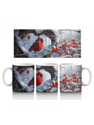 Kalp Şeklinde Ağaç Kovuğunda Kırmızı Kardinal Kuş – Baskılı Kahve Kupası