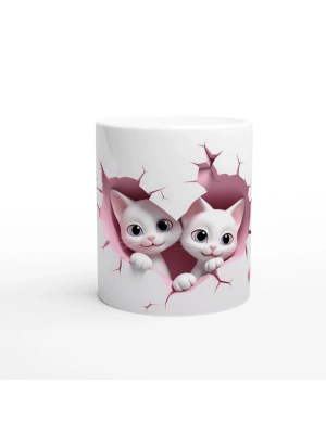 Kalp Şeklinde Çatlak Duvardan Bakan İki Tatlı Kedi Temalı Baskılı Kupa Bardak