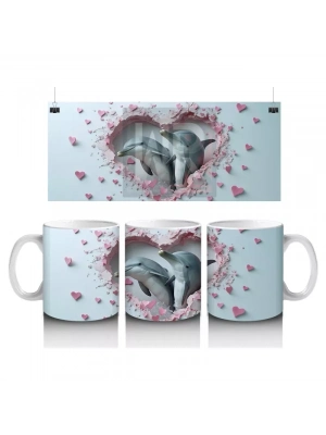 Kalp Şeklinde Çatlakta Bakan İki Yunus – Baskılı Kahve Kupası