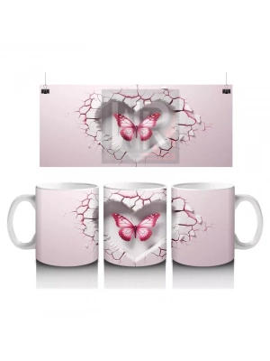 Kalp Şeklinde Çatlakta Parlayan Pembe Kelebek – Baskılı Kahve Kupası