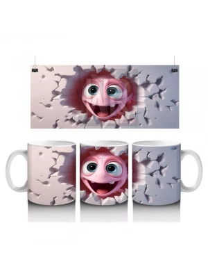 Kalp Şeklinde Çatlakta Pembe Sevimli Maskot – Baskılı Kahve Kupası