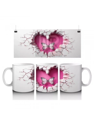 Kalp Şeklinde Çatlakta Uçan Çift Pembe Kelebek – Baskılı Kahve Kupası