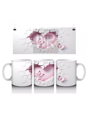 Kalp Şeklinde Duvar Kırığında Pembe Tema Kelebek – Baskılı Kahve Kupası