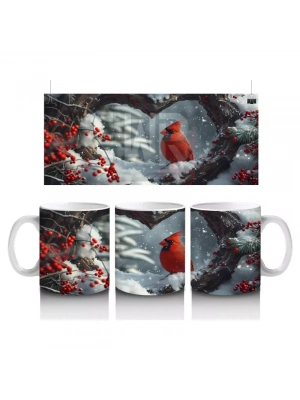 Kalp Şeklindeki Ağaç Kovuklarında Kırmızı Kardinal – Baskılı Kahve Kupası