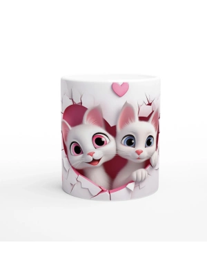 Kalp Şeklindeki Çatlak Duvarın Ardından Bakan Tatlı Kediler Temalı Baskılı Kupa Bardak