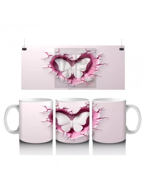 Kalp Şeklindeki Çatlak Zeminden Uçan Beyaz Kelebek - Baskılı kahve kupası