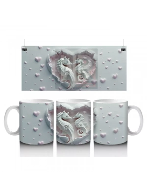 Kalp Şeklindeki Oyukta İkili Denizatı Kabartma Deseni - Baskılı kahve kupası