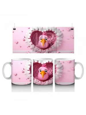 Kalp Şeklindeki Pembe Tüylerin İçinden Bakan Kuş – Baskılı Kahve Kupası