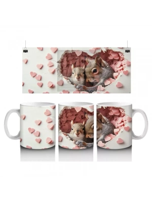 Kalp Yağmuru Altında Sevimli Sincap Ailesi– Baskılı Kahve Kupası