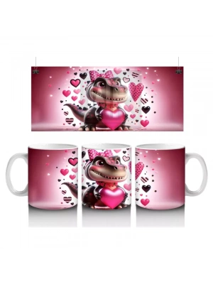 Kalpler ve Hediyelerle Süslenmiş Pembe Dinozor Tasarımı - Baskılı kahve kupası