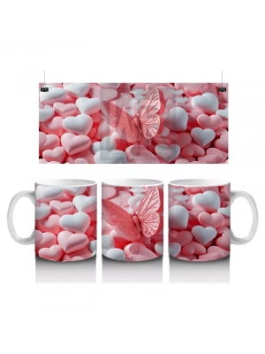 Kalplerin Arasında Uçan Şeffaf Kanatlı Kelebek – Baskılı Kahve Kupası